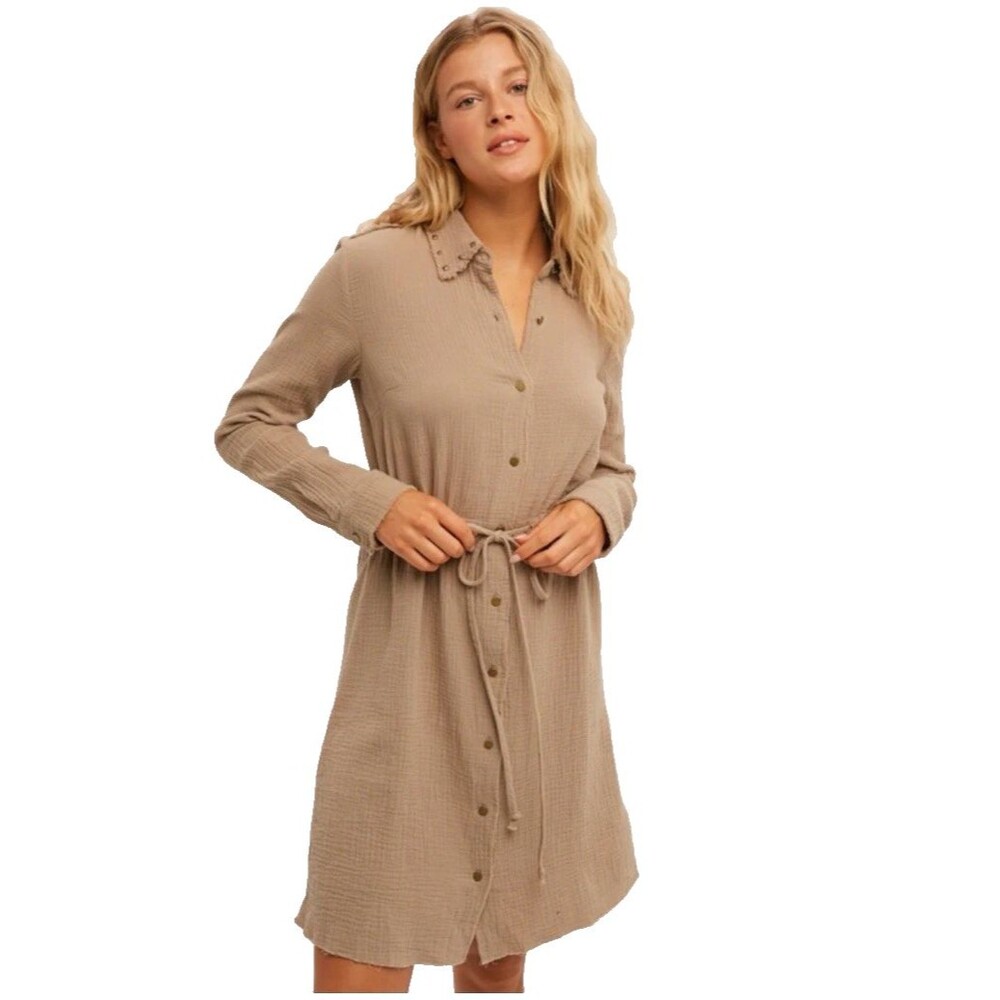 Hem & Thread Stud Effect Mini Shirt Dress Size M Tan Cotton Gauze Lightweight